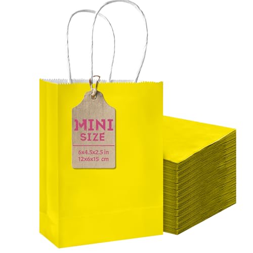qiqee 24PCS Mini Gift Bag with Handles Bulk 4.5x2.5x6 Gift Bags Bright Yellow Bags Multiple Uses
