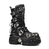 Songella Botas Punk Góticas de Plataforma para Mujer con Diseño de Llamas, Hebillas Metálicas Cremallera Lateral – Estilo Biker Rock de Suela Gruesa Negro Plata, 40 EU