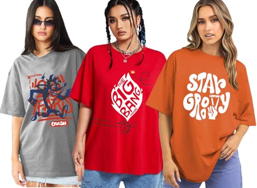 Image of LEOTUDE Women Cottonblend Oversized Baggy Fit Half Sleeve Round Neck Multicolor Combo T-Shirt for Women & Girls (Pack of 3)