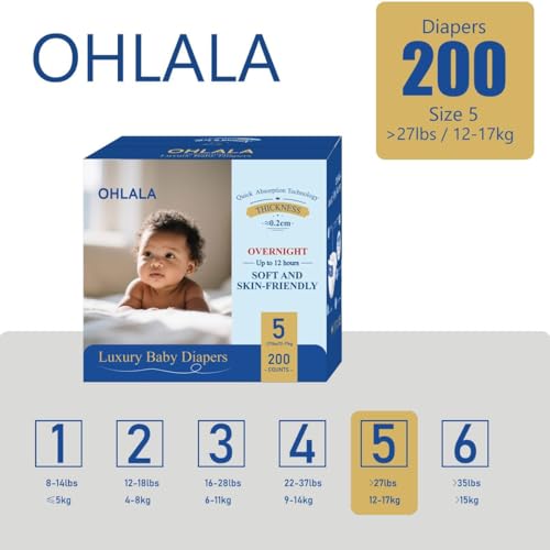Image of OHLALA Luxury Diapers Size 5 200 Count 27+ lbs Skin-Friendly & Leakproof Hypoallergenic Fragrance-Free Lightweight 4 Pack