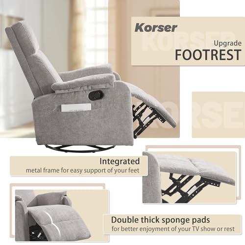 Image of Korser Recliner Chair, Swivel Rocking Recliner Chair for Adults, Glider Rocking Chair, Small Nursery Chair Recliner for Living Room, Reclining Chair with Modern-Designed Armrests, Chenille, Grey