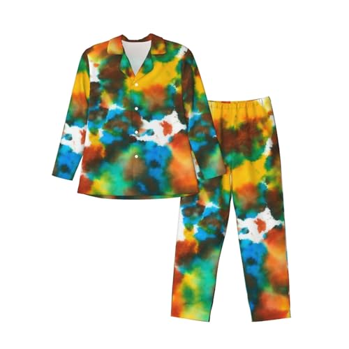 Colorful Tie Dye Green Drops Pattern Mens Pajamas Set Button Down Sleepwear Set Long Sleeve Loungewear With Pockets3