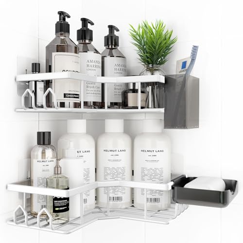 QHMCHLDZ Adhesive Shower Caddy, 4 Pack Corner Bath Organizer, Rustproof Stainless Steel Shower Shelves with Large Capacity, No Drilling Shelves for Bathroom Storage, Home, Kitchen Décor (White).