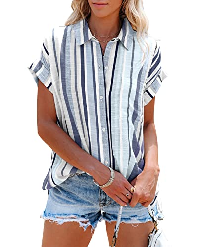 SySea Womens Short Sleeve Striped Shirts Casual Button Down V Neck Work Blouses Tops