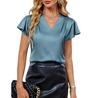 Blooming Jelly Women Silk Dressy Casual Business Blouse Ruffle Sleeve Summer Tops Work Professional Outfits (S, Haze Blue)