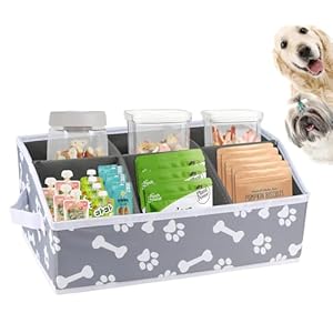 Dog Storage Organizer,Dog Treat Container Bin,Collapsible Fabric Storage Box for Pet Treats with Dividers,Dog Stuff Container for Dog Treats Stick/Canned Food/Bagged Snacks-Bone Paw Print