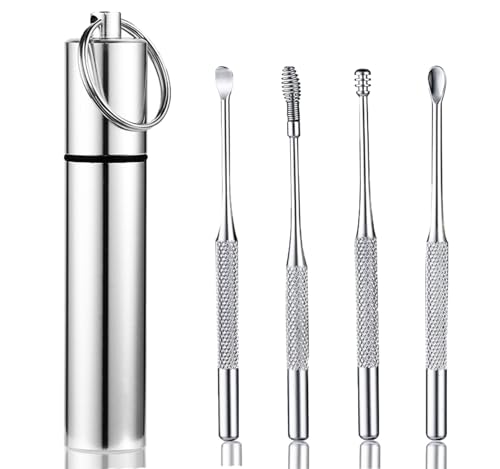 Lxshunlifa Ear Wax Removal kit, 4 Pcs Stainless Metal Earwax Removal Tool for Adults with Ear Spoon & Spiral Spring, Ear Cleaning Reusable