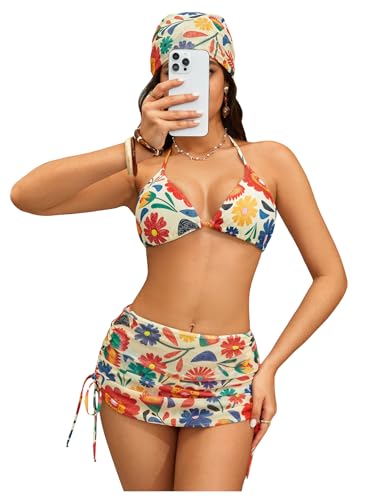 Image of RoseSeek Women's 4 Piece Polka Dots Bathing Suits Cover Up Skirt & Bandana