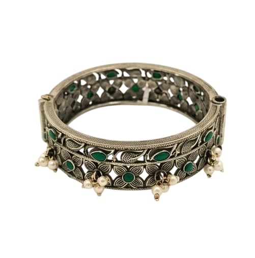Green Stone Pearl Kada for Women | Grey-Toned Bracelet with Stone and Pearl Detailing | Ethnic Jewellery Accessory for Festive Occasion, Party, Gifting and Traditional Styling-image-20