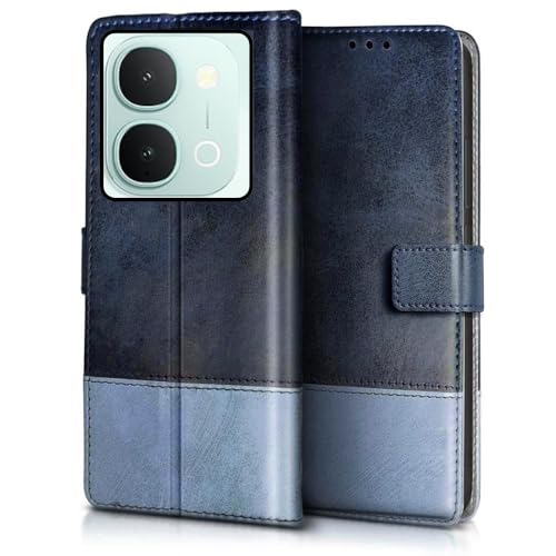 Image of Leather Flip Case Cover Compatible with Back case Cover for iQOO Z11x 5G|Dual Colour||Hand-Stitched Leather Finish| Lightweight| Inbuilt Card Pockets |(Aqua)