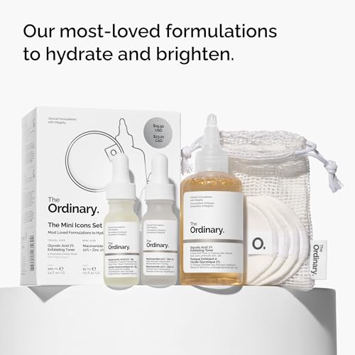Image of The Ordinary The Mini Icons Set, Travel Size Skin Care to Hydrate and Brighten, Glycolic Acid 7% Exfoliating Toner, Niacinamide 10% + Zinc 1%, Hyaluronic Acid 2% + B5, 4 Reusable Rounds