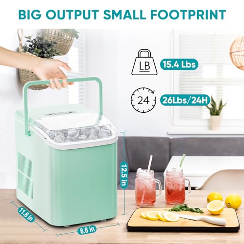 Image of NEWBULIG Ice Makers Countertop with Handle, Portable Ice Machine, 9 Bullet Ice Cubes in 6 Mins, 26lbs in 24Hrs, Auto-Cleaning, with Basket and Scoop, for Home, Kitchen, RV, Camping,Green