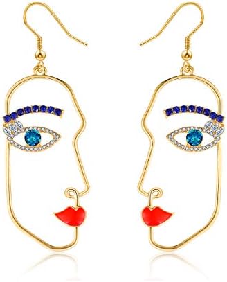 Abstract Art Human Face Dangle Earring with Cubic Zirconia Stone,Yellow Gold Plated Fashion Jewelry for Women and Girls