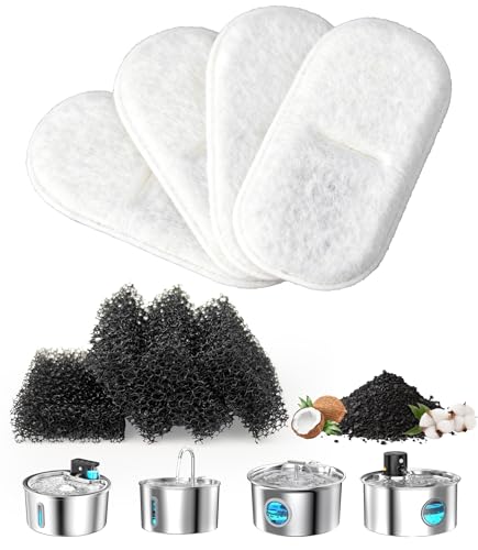 Cat Water Fountain Filter Replacement: 4 Carbon Filters & 4 Foam Sponges Kitty Spout Pump Filters for 108Oz/3.2L & 67Oz/2L Stainless Steel Pet Water Dispenser Cat/Dog - image 8