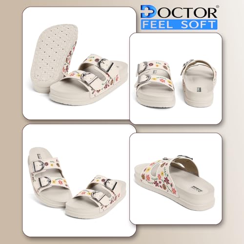 Image of Women Floral Double Strap Buckle Slides | Embroidered Casual Slip-On Sandals for Girls | Lightweight Anti-Slip Comfortable Everyday Wear Flats
