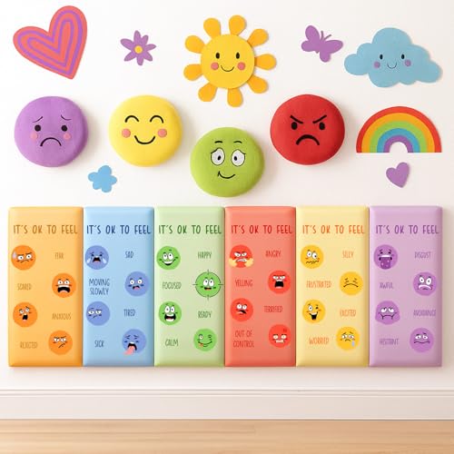 Jetec 6 Pcs Calming Corner Wall Padding for Kids Classroom Calm Down Corner Wall Decor Feelings Headboard Emotions Posters for Kindergarten Preschool 15.75 x 7.87 Inch Peel and Stick Panels(Emotion)