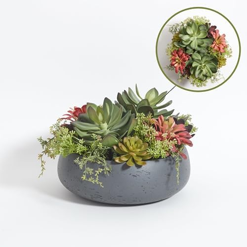 Close-up of the detailed, realistic artificial succulents showing their vibrant green and red hues.