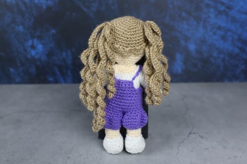 Image of Sutra Handmade Crochet Doll in Purple Overalls & White Top | Wool Amigurumi Soft Toy | Handmade Gift for Kids, Nursery & Home Decor