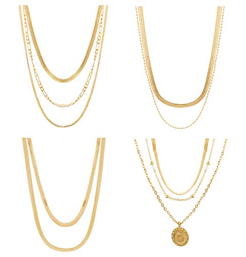 Biokia Snake Chain Necklace Herringbone Necklace Gold Chain Necklace for Women Layered Neckalce Flat Herringbone Chain Sunflower Simple Choker Necklace 4 Pieces