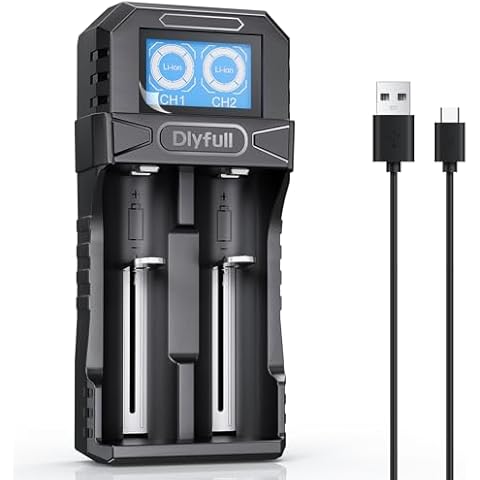 Dlyfull 18650 Battery Charger 2 Bay, LCD Display Lithium Battery Charger with USB-C Speed Charging, Independent Slot for 3.7V Li-ion 21700 26650 10340 16340 17335 17500 22650 Rechargeable Batteries Cover