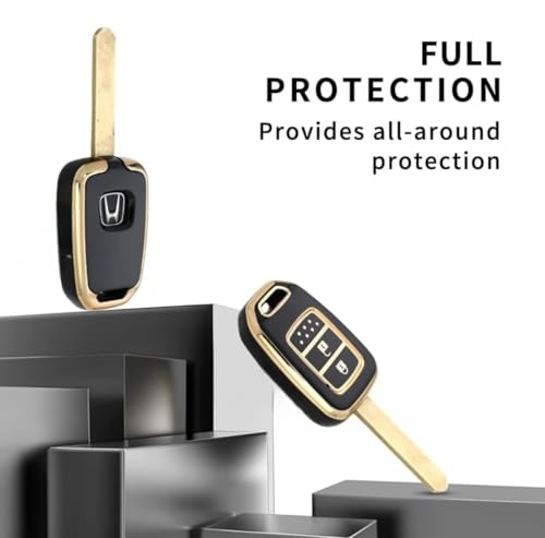 Image of TPU Car Key Cover Black & Golden Compatible for Honda Amaze, City, WR-V, Jazz (Honda, 2 Button Remote Key New)