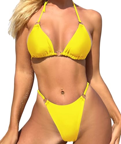 Image of MIKETAI Sexy Bikinis for Women 2 Piece Bikini Spaghetti Strap Swimsuits Solid Color Bathing Swimwear Triangle Bathing Suit
