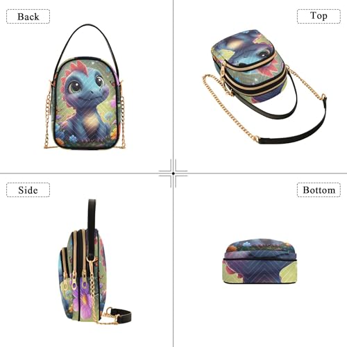 One Shoulder Purse Women Cute Cartoon Dinosaur Floral Quilted Phone Wallet Chain Strap Purse Cute Zipper Bowler Tote Ladies Satchel, 5.9" × 8.3" × 3.1"4