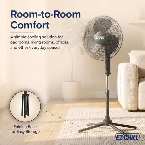 Image of EZ-Chill 16 inch Oscillating Pedestal Fan, 3-speed Options, 90-Degree Oscillating Head, Adjustable Height and Tilt, Powerful Air Flow, Black, MTFS-16B-BLK