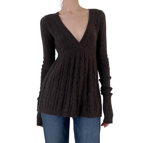 Women Y2K Long Sleeve Square Neck Pleated Knitted Tunic Tops Loose Fit Vintage Babydoll Lightweight Sweaters