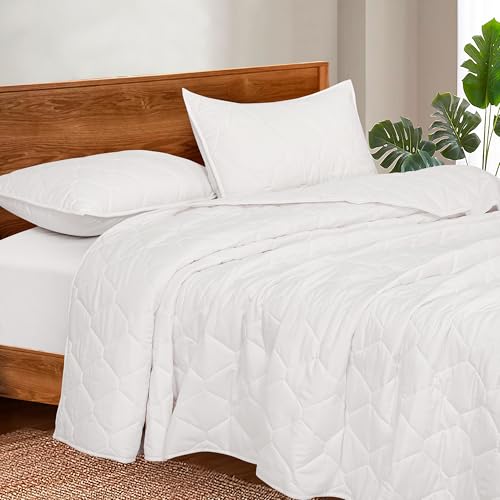 Image of ROYALE LINENS Twin Size 2 pc Quilt Set - Soft Lightweight 100% Microfiber Quilted Set - Solid Bedspread - Quilted Blanket Thin Comforter - Bedding Coverlets for All Seasons (Ivory, 1 Quilt- 1 Sham)