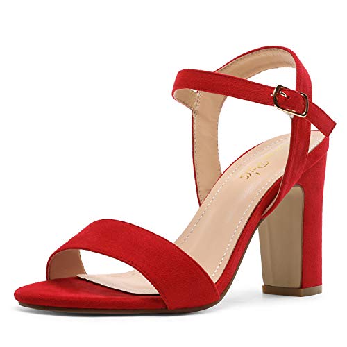 DREAM PAIRS Women's Chunky Heels Open Toe Ankle Strap High Block Comfy Dress Heel Sandals Pumps Shoes 7 Red/Suede