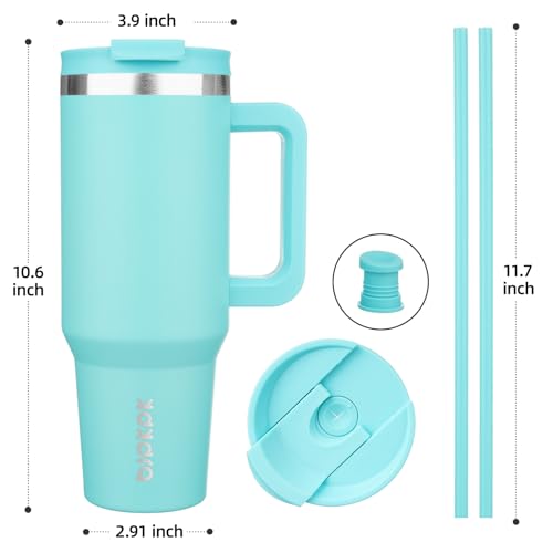 Image of BJPKPK 40 oz Stainless Steel Tumbler With Handle Insulated Tumblers With 2 Straw Travel Coffee Mug With Lid,Turquoise