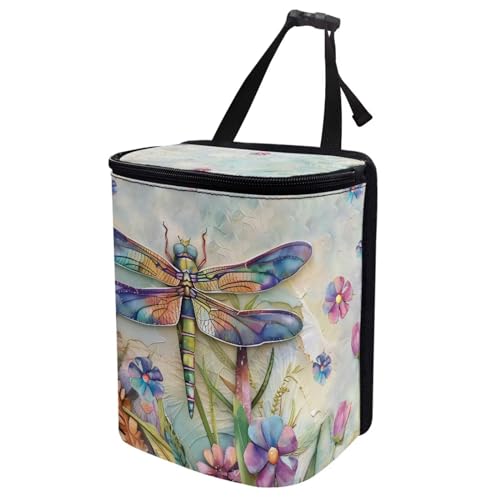 Image of Talayituse Dragonfly Daisy Print Car Trash Can with Adjustable Straps, Foldable Car Trash Bag Bin Car Garbage Bag Multipurpose Storage Box for Vehicle Travel Camping Picnicing