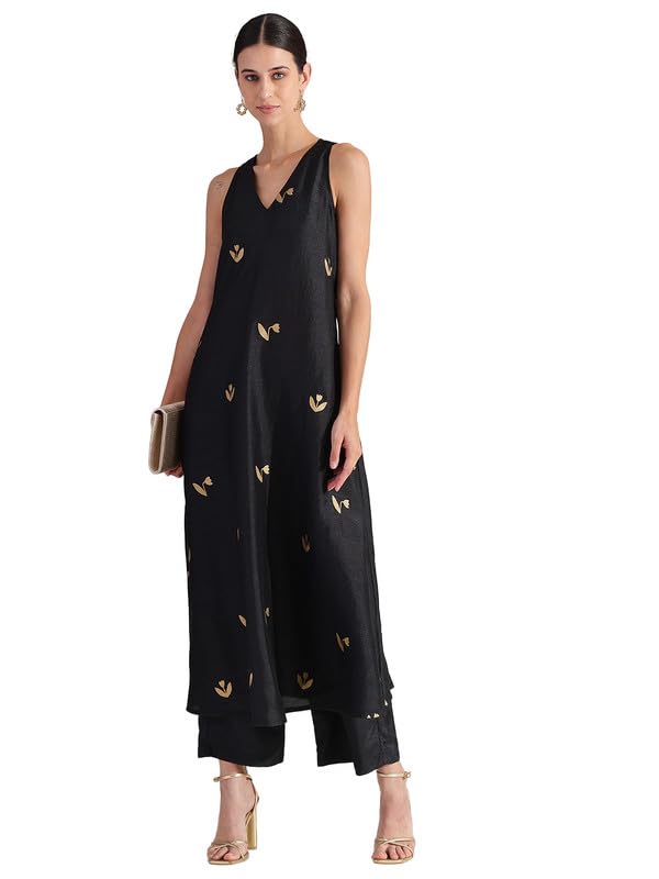 Women Festive Silk Blend Embellished Sleeveless Kurta Set | V-Neck A-Line Fit 2 Functional Pockets Kurta Ankle Length Flared Fit Pants-image-34