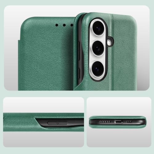 Image of PULOKA for Samsung Galaxy S24 - Sleek Flip Case - Premium Vegan Leather Phone Cover with Card Slot - Slim, Durable, Privacy Protection - Kickstand Function - Elegant Flip Wallet Cases - Green