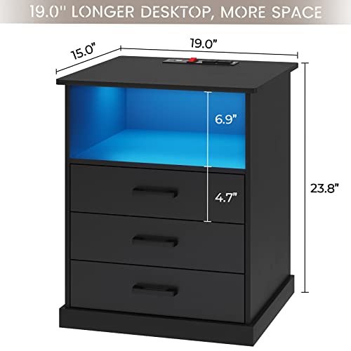 Hasuit Nightstand With Charging Station And Led Lights, Large Bedside Table With 3 Storage Drawer, Black Night Stand For Bedroom, Wider Tabletop 19.0''(L) X 15.0''(W) #TOP1