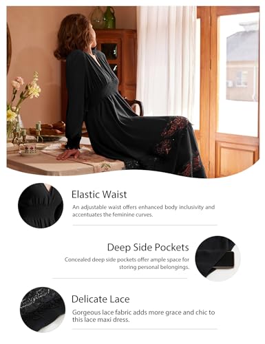 Image of Olaesa Long Sleeve Boho Maxi Dress for Women Lace Wedding Guest Dress | Spring Fall Bohemian Dress, Long Flowy Family Photo Dress with Pockets, V Neck Long Western Vacation Outfits