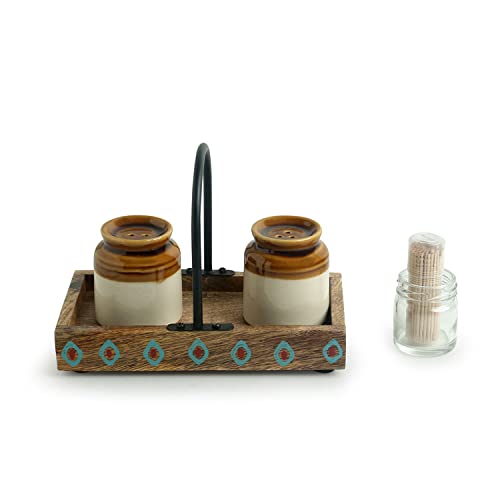 Image of ExclusiveLane Old Fashioned Martaban Ceramic Salt and Pepper Shakers Set with Toothpick Holder & Tray (110 ML)- Salt and Pepper Set for Dining Table Salt and Pepper Dispenser SaltPepper Sprinkler Set