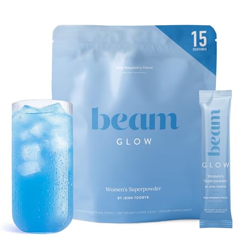 BEAM Glow Hormone Support & Cortisol Supplement for Women - Daily Vitamins for Women with Ashwagandha Selenium Zinc Vitamin A Biotin for Cycle Health Mood & Energy Blue Raspberry 15 Servings
