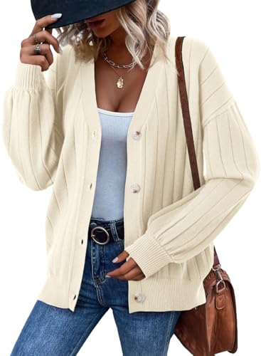 Dokotoo Womens Cardigan Sweaters 2025 Fall Casual Button Down Cuffed Long Sleeve Ribbed Knit Sweater Tops