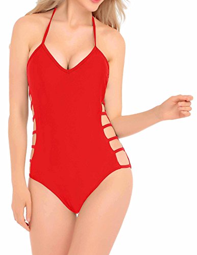v28 Womens One Piece Sexy Twisted Plunge Neck Strappy Swimsuit Swimwear Monokini Bathing Suit (Large, Strappy Red)