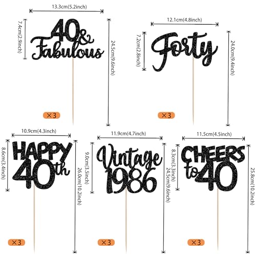Image of 15 PCS Black 40th Birthday Centerpiece Sticks Forty Happy 40th Vintage 1986 Table Flower Centerpieces Sticks Cheers to 40 Fabulous Floral Decorations for 40th Birthday Party Centerpieces Supplies