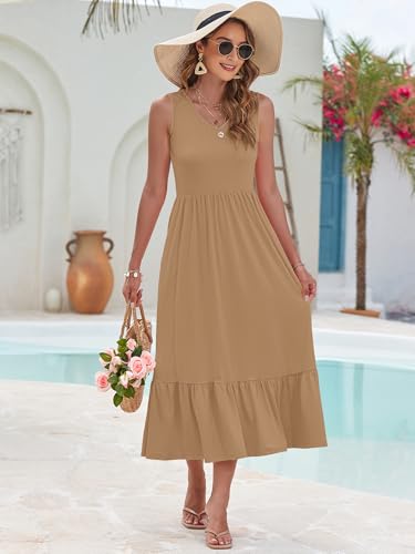Image of AUSELILY Womens Summer Maxi Dress Casual Sleeveless V Neck Floral Dresses | A line shape with practical side pockets, Vacation dress for resort walks, Pair with low heels and simple jewelry
