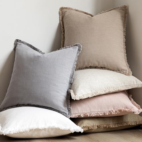 Image of Foindtower Set of 2 Decorative Linen Fringe Throw Pillow Covers Boho Farmhouse Cushion Cover with Tassels Accent Pillowcase for Couch Chair Sofa Bed Living Room Home Bedroom Decor,12x24 Inch,Tan Beige