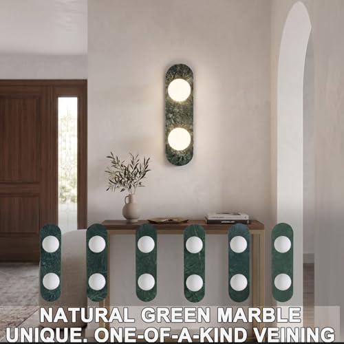 Image of Modern Green Marble Wall Sconce, Natural Stone Wall Lamp with Etched Opal Glass Shade, Mid-Century Minimalist Hardwired Wall Light for Bathroom Vanity, Bedroom, Living Room, Hallway 17.7in