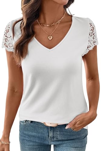 SHEWIN Shirts for Women Trendy 2026 Loose Fit Womens Summer Tops Casual V Neck Short Sleeve T Shirt Solid Lace Top Blouse White XL
