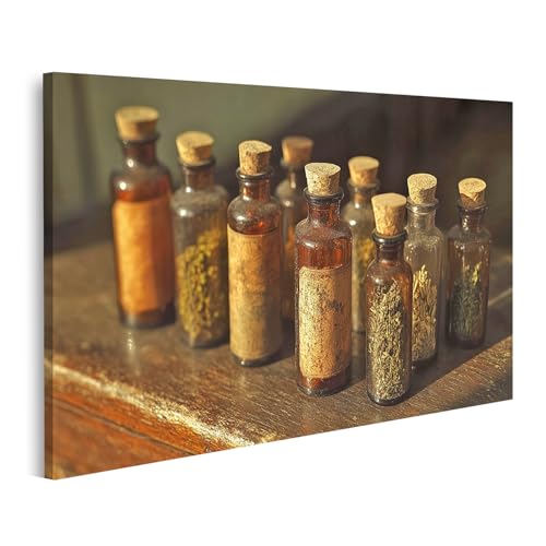 islandburner Image sur toile - Vieilles bouteilles de pharmacie avec herbes et épices - Pour cuisine, cuisiniers amateurs, épicerie - Images murales