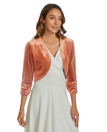 Image of Womens Velvet Bolero Shrug Elegant Open Front Ruched 3 /4 Sleeve Cocktail Party Cropped Cardigan