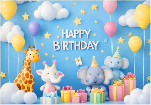 Image of 7x5 Feet Kids Cartoon Animal Happy Birthday Backdrop with Giraffe,Elephant & Balloons Cute Birthday Party Decoration Background for Kids,Baby,Nursery,Cake Table & Photography