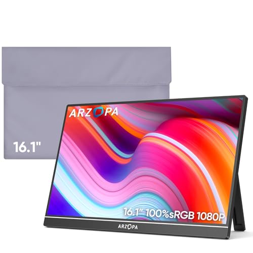 Image of ARZOPA Portable Monitor & Sleeve, 16.1'' 100% sRGB FHD Laptop Monitor & PU Sleeve Bag Combination
